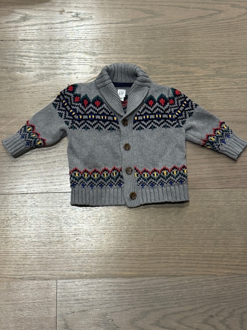 GAP Grey Fair Isle Shawl Collar Cardigan with Multicolor Accents